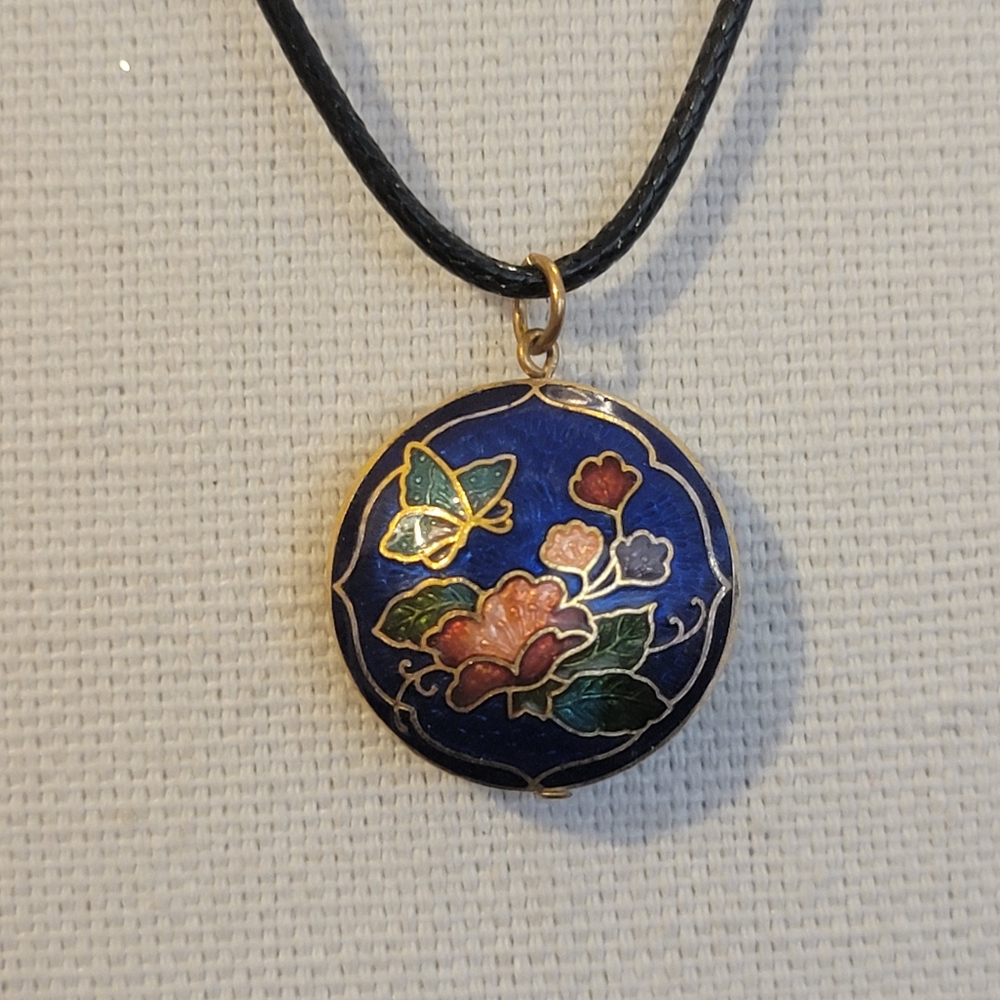 Vintage butterfly and flowers blue double sided Cloisonne necklace